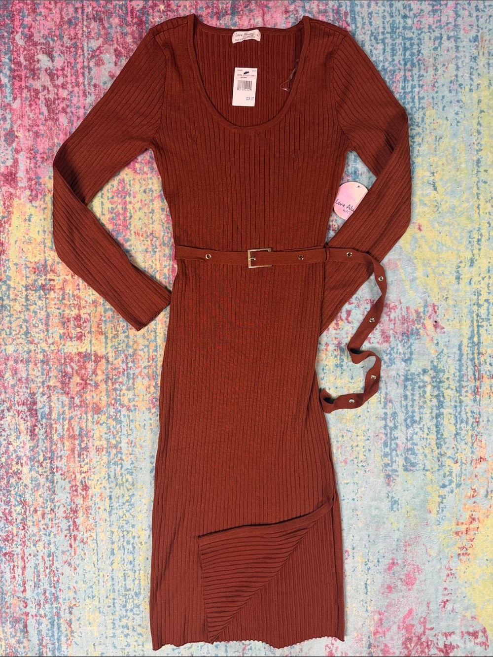 Love Tree Rust Ribbed Long-Sleeve Belted Dress